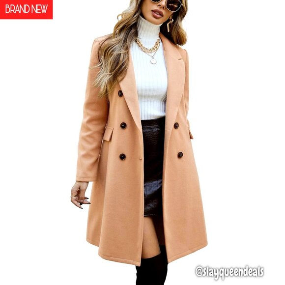 Womens Double Breasted Wool Trench Coat Knee Length Notch Lapel